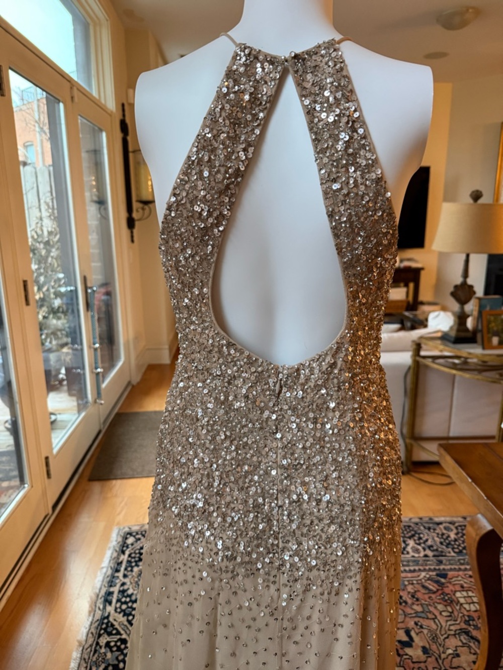 Sequin Halter Evening Dress in Champagne